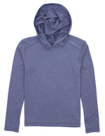 The Properly Tied Boys' Finn Hoodie, featuring long sleeves and heathered blue fabric, is displayed flat on a white background.