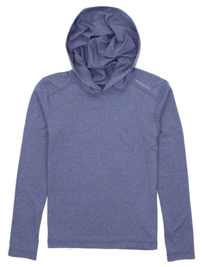 The Properly Tied Boys' Finn Hoodie, featuring long sleeves and heathered blue fabric, is displayed flat on a white background.