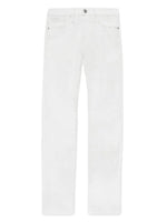 The Frame L'Homme Slim jeans feature a mid rise, straight leg, five-pocket design and button closure in white, shown against a white background.