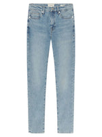 A pair of L'Homme Slim Denim jeans by Frame in light blue wash, featuring a straight-leg cut, five pockets, and button closure, crafted from Structured Stretch denim and displayed flat on a white background.