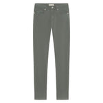 The Frame L'Homme Slim is an olive green mid-rise skinny jean crafted from structured stretch denim, featuring five pockets and a button closure, displayed flat on a white background.