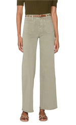 Person wearing Frame Le Slim Palazzo Modernist Pocket high-rise wide-leg jeans in light olive with front patch pockets, a brown belt, olive short-sleeve top, and open-toe sandals. Cropped from shoulders down. Jeans are ultra stretch cotton blend.