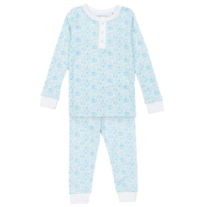 The Lila & Hayes Boys' Jack Pajama Set is a light blue, long-sleeved Pima cotton sleepwear for kids, with an elastic waist, white cuffs, and a subtle robot print all over.