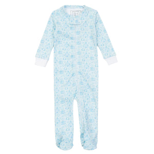 The Lila & Hayes Baby Parker Zipper Pajama is a light blue footed onesie with long sleeves, white cuffs, and a blue robot print, made from ultra-soft Peruvian cotton for comfort.