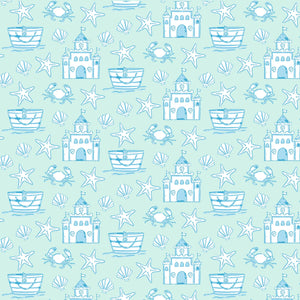 A seamless pattern of blue sandcastles, boats, crabs, starfish, and seashells on light blue—perfect for the Lila & Hayes Baby Parker Zipper Pajama in comfy Pima cotton with a snug fit.