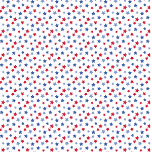 The Boys' Charles Short Set by Lila & Hayes features a seamless pattern of small red and blue stars on white, ideal for boys’ pocket t-shirts or play shorts made from soft Pima cotton.