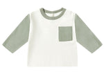 The Quincy Mae Baby Boys' Long Sleeve Raglan Tee features sage green sleeves, a white body, matching sage collar, and a left chest pocket in organic brushed cotton for a relaxed fit.