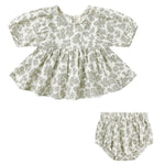 The Quincy Mae Baby Girls' Francy Set includes a charming floral-patterned empire waist top and matching gathered bloomers in light grey and white.