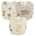 The Magnetic Me Where The Wild Things Are Bib 3-Pack includes three eco-friendly bibs with neutral-tone "Where the Wild Things Are" prints: two with character designs and one with stripes and characters.