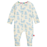 The Magnetic Me Baby Boys' Pudgemuffin Modal Convertible Coverall features a blue hippo print on soft modal fabric, with front snap closure and rainbow-striped trim inside the collar.