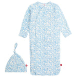 The Magnetic Me Baby Boys' Heards of a Feather Blue Modal Gown & Hat set features an abstract blue and white animal print, shown on a white background.