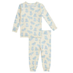 The Magnetic Me Baby Boys' and Boys' Pudgemuffin Magnetic PJ Set features long sleeves and pants with a light blue cat print on off-white modal fabric, offering soft, sustainable comfort for a cozy night's sleep.