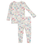 The Magnetic Me Baby Girls' and Girls' Tail of Magic Modal Magnetic PJ Set features soft modal fabric, a pastel fairy tale castle and floral print, a buttoned neckline, and matching pants.