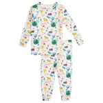 The Magnetic Me Baby Boys' and Boys' Wooly Big Deal Modal PJ Set features long sleeves and a white base with colorful prints of tigers, buffalo, trees, and rainbows.