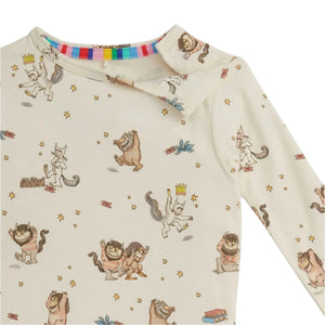 The Magnetic Me Baby and Kids' Where The Wild Things Are PJ Set features cream-colored long sleeves, illustrated characters, colorful collar trim, and is made with soft RightFit fabric for all-night comfort.