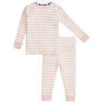 The Magnetic Me Baby and Kids' Stripe Organic Cotton PJ Set features pink and white stripes, long sleeves, and cuffed wrists and ankles, shown flat on a white background.