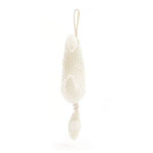 The Amuseables Moon Musical Pull by Jellycat, crafted from recycled fibers, features a whimsical plush toy shaped like a duck, hanging upside down against a plain white background.