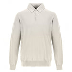 The Herno Cotton Silk Long-Sleeved Polo in light beige features a three-button placket with logo-branded button, ribbed cuffs and hem, shown against a plain white background.