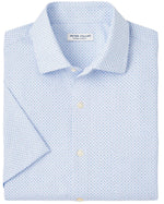 The neatly folded Champers Performance Poplin Short Shirt by Peter Millar is a light blue patterned dress shirt featuring a button-down front and an inside collar label. Made from performance fabric, it provides UPF 50+ sun protection for comfort and style.