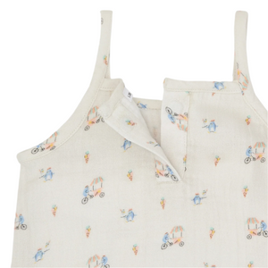Close-up of the Magnetic Me Baby Girls' Cotton Tank & Bloomer Set in soft cotton poplin with a buttoned neckline, featuring a pastel print of people on bicycles and ice cream cones—easy to dress and perfect for summer.