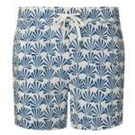 The Onia Charles 5" Swim Trunk features a blue and white fan-like pattern, a drawstring waist, and quick-dry fabric.