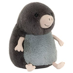 Muswell Mole by Jellycat is a plush toy with a round, fluffy grey body, lighter grey belly, and beige details—perfect as your cuddly cave tour guide or companion for subterranean adventures in London.