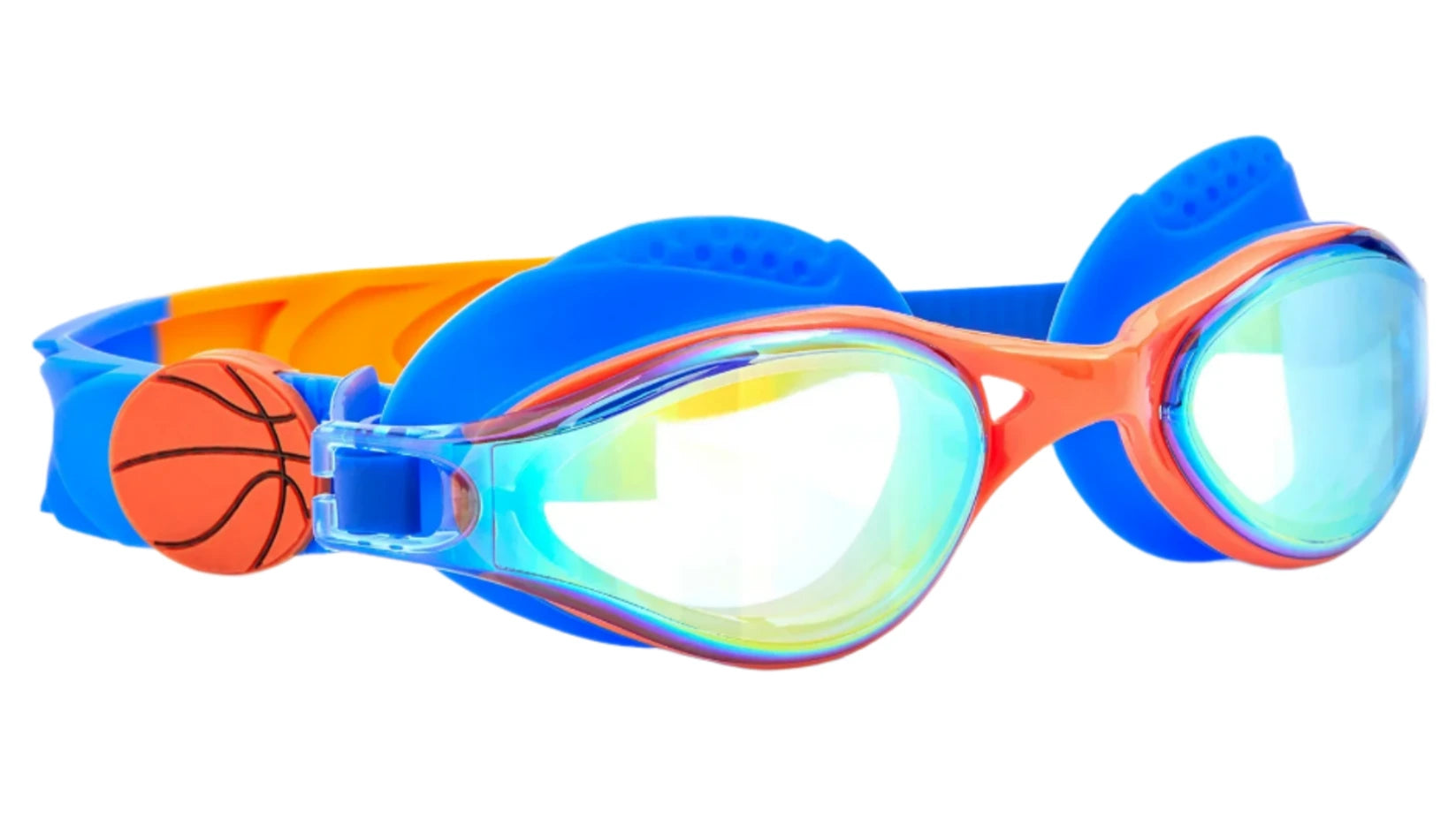 The Bling2O Sports Stadium Goggles are kids’ blue and orange swim goggles with anti-fog lenses and a small basketball design on the side, displayed against a white background.