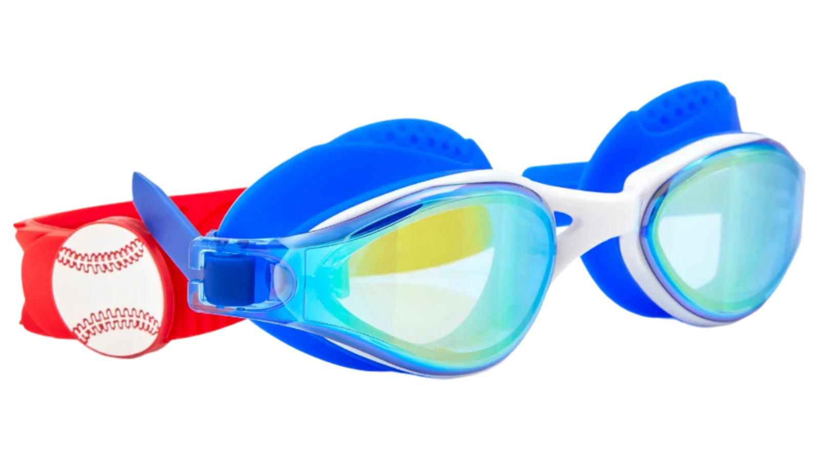 Bling2O Sports Stadium Goggles: Blue and white kids' swim goggles with a red strap, featuring a small baseball detail. They offer UV protection and anti-fog lenses, shown on a white background.
