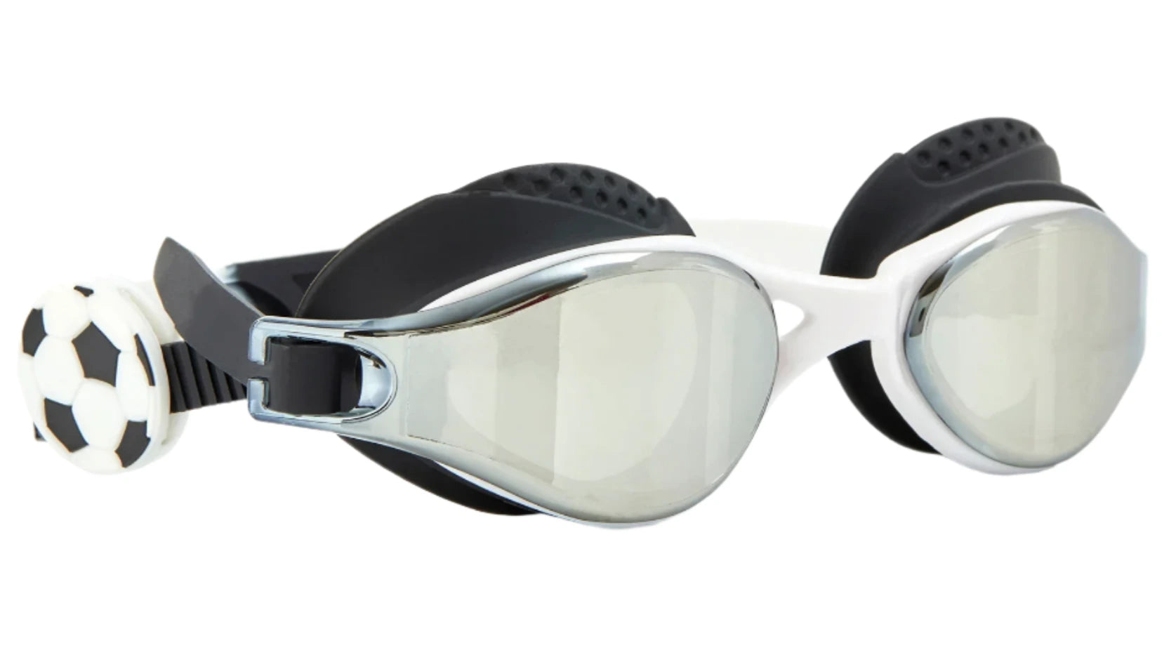 Bling2O Sports Stadium Goggles are kids' swim goggles featuring mirrored, anti-fog lenses, black and white frames, UV protection, and a soccer ball design on the strap adjustment.