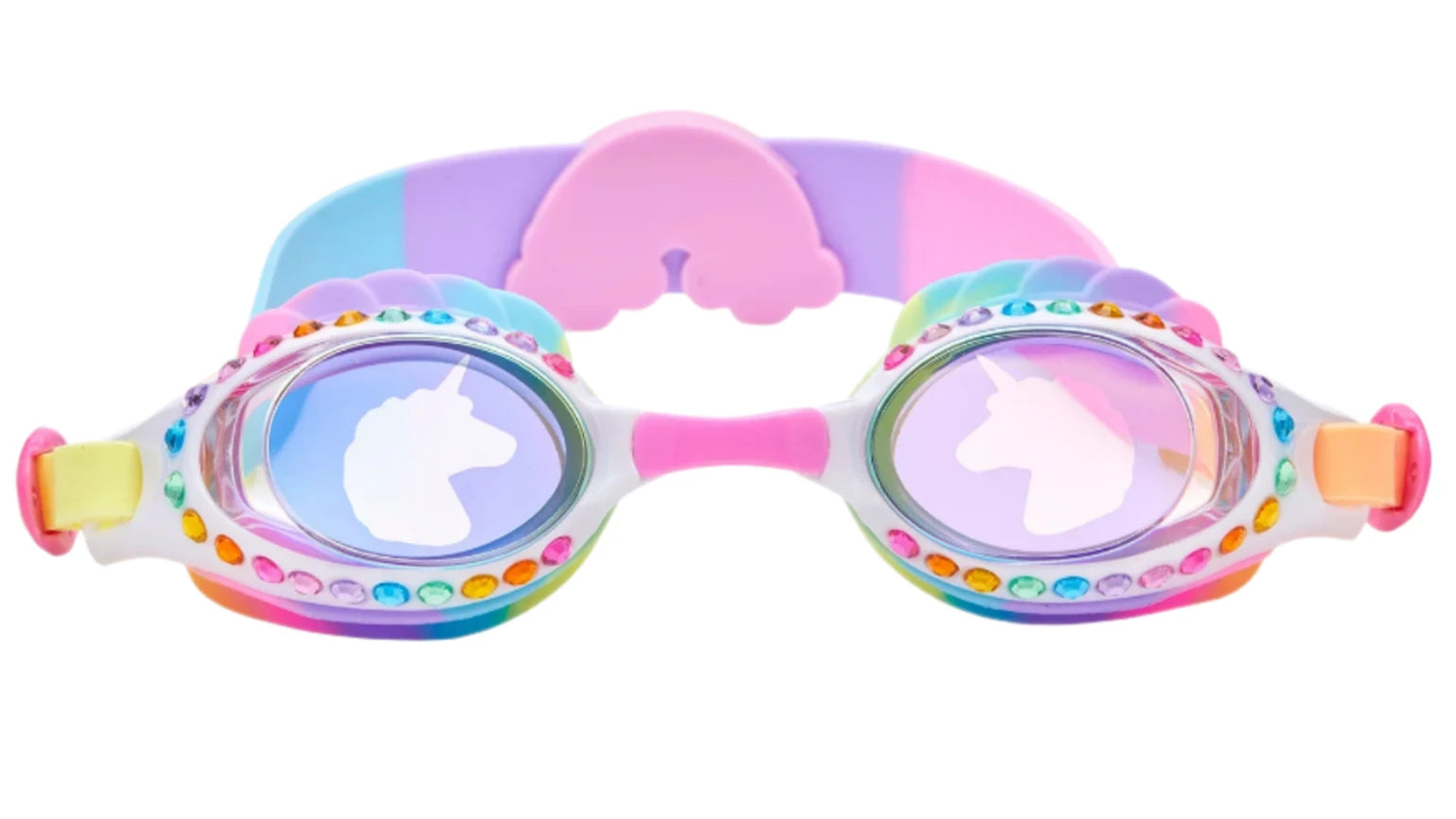 The Eunice the Unicorn Swim Goggles by Bling2O feature colorful rhinestones, anti-fog lenses, and unicorn silhouettes on each side, turning every swim into a magical adventure.