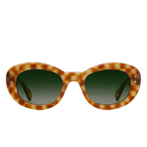 The Margaret Sunglasses by Krewe feature tortoiseshell bubble frames and dark green gradient lenses, shown from the front on a white background.