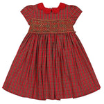 The Antoinette Baby Girls' and Girls' Marguerite Red Tartan Smocked Dress features a Peter Pan collar, smocked bodice, and pleated skirt—an ideal holiday season outfit—shown on a white background.