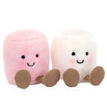 Two Jellycat Amuseables Pink and White Marshmallows plush toys, each with small brown feet and smiling faces, sit side by side against a white background—a charming gift for any occasion.