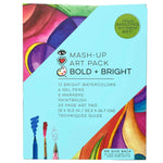 The Bright Stripes "Mash-Up Art Pack Bold + Bright" is a vibrant art supply kit featuring watercolors and more, with a circular note about donating to kids in need—perfect for any budding artist.