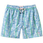 Pink House Mustique Swim Trunk: men’s blue and green leaf print swim shorts with elastic waistband, white drawstring, side pockets, quick-dry recycled fabric—comfort in and out of water.