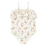 The Rylee & Cru Baby Girls' and Girls' Ruffle One Piece features spaghetti straps, chest ruffles, and a mermaid and starfish print on a white background.