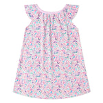 The Joy Street Girls’ Mermaids Emilia Lounge Dress features ruffled shoulders, a pink and white design with floral, bird, and sea creature prints, plus a playful hidden message in a bottle.