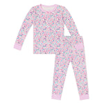 The Joy Street Girls' Mermaids Two Piece Pajamas feature long sleeves, a vibrant mermaid print with hand-drawn sea creatures, and pink striped cuffs on the sleeves, collar, and pant legs.