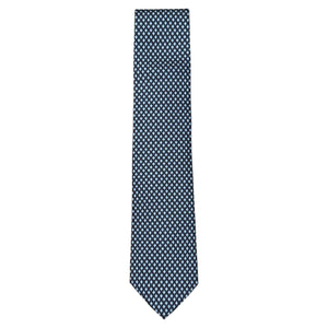 The Micro Diamond Tie by Robert Jensen features a navy blue silk fabric with a subtle light blue dot pattern, hand-stitched in Italy—a timeless menswear accessory, elegantly displayed on a white background.