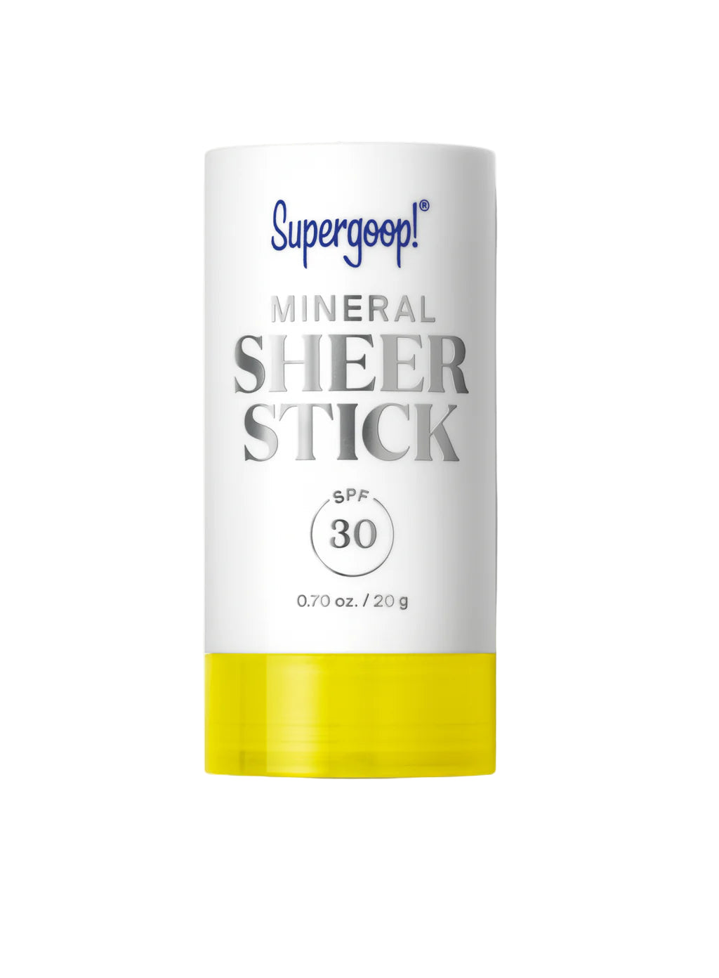 A white and yellow tube labeled "Supergoop Mineral Sheer Stick SPF 30" (0.70 oz/20 g) rests on a white background, showcasing this convenient sheer sunscreen for easy sun protection.