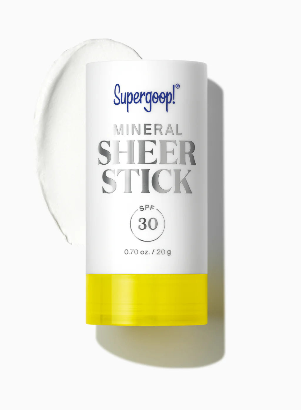 The Supergoop Mineral Sheer Stick SPF 30, shown with a yellow base and a swipe of sheer sunscreen on white, provides easy mineral sun protection in a convenient stick format.