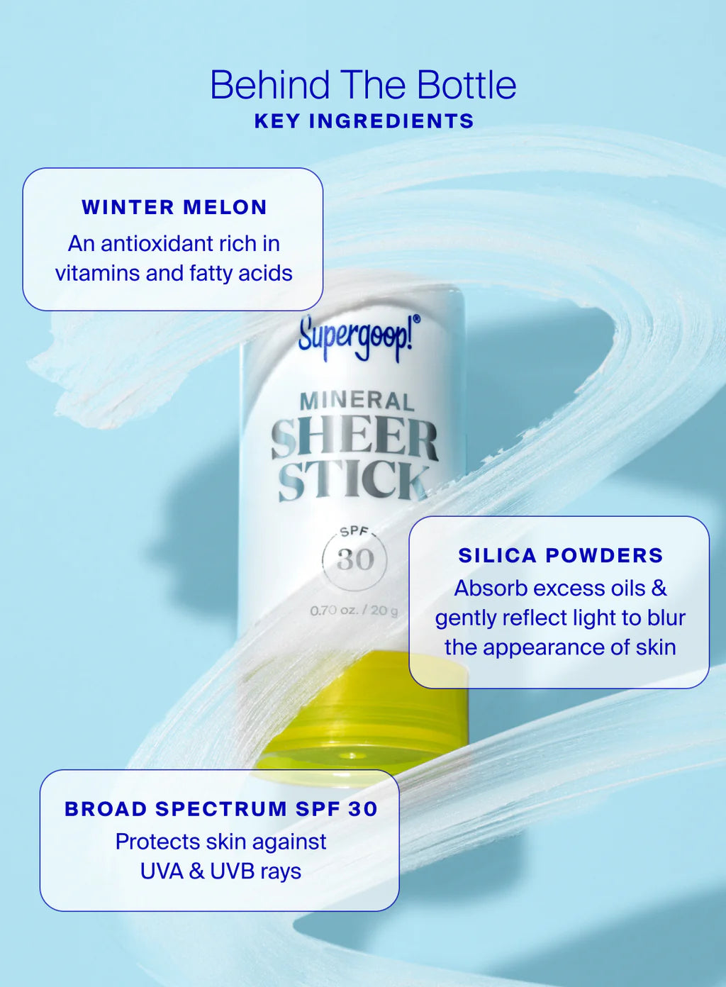 Supergoop Mineral Sheer Stick SPF 30 is a convenient mineral sunscreen stick with broad-spectrum protection, winter melon antioxidants, and silica powders for oil control.