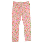 Girls' Mitzy Sue Slacks from The Beaufort Bonnet Company feature a slim fit with a vibrant Grand Cayman Gardens floral print in pink, orange, and green on a white background.