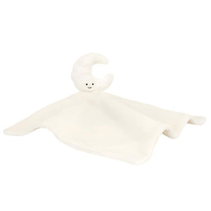 Here is the rewritten sentence using the given product data:
The Jellycat Amuseables Moon Soother by Jellycat is a soft, white baby blanket made from recycled fibers, featuring a crescent moon with a smiling face at the top. This adorable item makes an ideal gift for newborns.