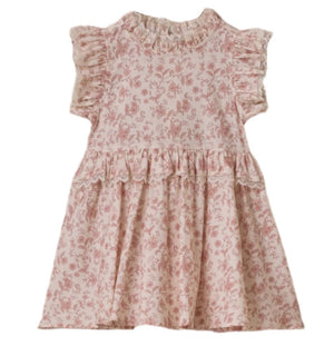 The Noralee Baby Girls' and Girls' Alice Dress is a pink toile print outfit featuring ruffled sleeves, a ruffled neckline, and a gathered waist.