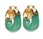 Lizzie Fortunato Organic Mini Gold Hoops featuring gold-plated brass clasps and thick, glossy green acrylic loops, shown against a white background.
