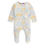 The Magnetic Me Baby Modal Footie is a long-sleeved, eco-friendly TENCEL™ modal onesie with snaps down the front and a pastel animal and floral print featuring lions, giraffes, and plants.