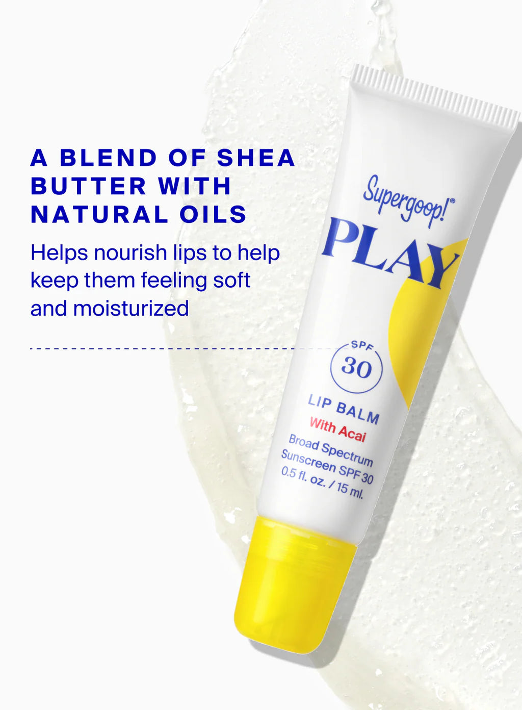 A tube of Supergoop Play Lip Balm SPF 30 with Mint rests on a light background next to a product swatch and marketing text highlighting sun protection, shea butter, and natural oils benefits.