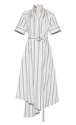 The Adam Lippes Nansi Stripe Dress is a white, short-sleeve, collared style with black vertical stripes in stripe poplin, a belted waist, and an asymmetrical hem for a modern look.