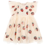 The Girls' Yvonne Frill Dress by Konges Slojd is a cream tulle children’s dress featuring voluminous puffed sleeves and shiny red strawberry sequin embroidery.